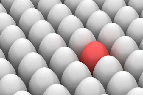 Red easter egg among similar white eggs Stock Illustration