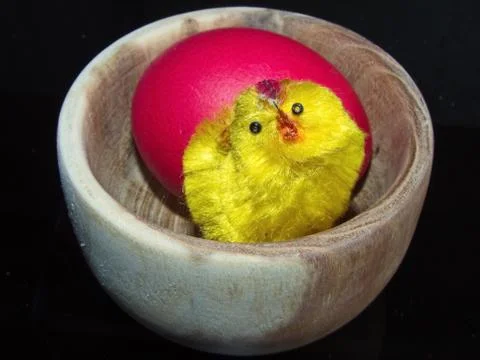 Red Easter egg and a cute little yellow chick. Stock Photos
