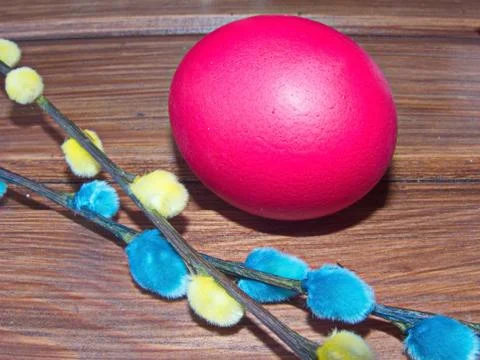 Red Easter egg and verba twigs. Colorful Easter eggs - part of the passover meal Foto stock