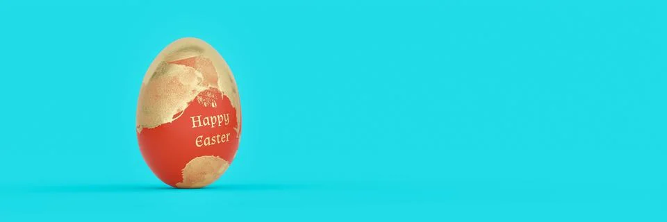 Red easter egg painted with golden paint. Easter background banner. 3D render Illustrazione stock