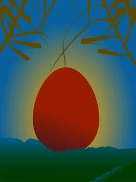 Red Easter egg on serene sunset over mountains Stock Illustration