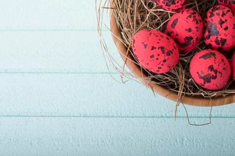 Red easter eggs on blue background Stock Photos