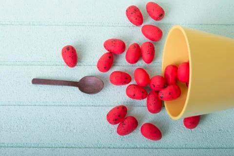 Red easter eggs on blue background Stock Photos