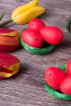 Red Easter eggs on green nest and colorful tulips Stock Photos