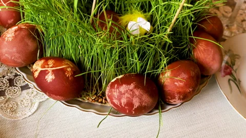 Red easter eggs with greenery and chicken toys Stock Footage 274562598