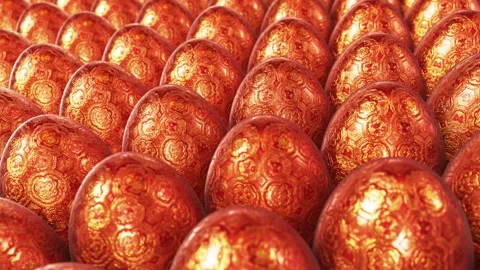 Red Easter eggs with traditional Chinese golden ornament rendered in UHD Video stock 265841367