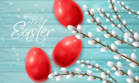 Red Easter eggs Vector realistic. Happy Holiday card with colored eggs and wi Stock Illustration