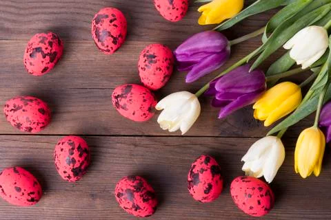 Red Easter eggs on wooden background Stock Photos