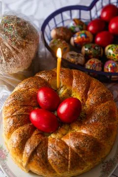 Red eggs on the Easter table Stock Photos