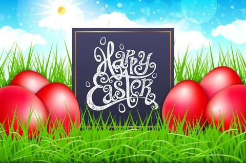 Red eggs in a field of grass with blue sky. happy easter lettering modern cal Stock Illustration