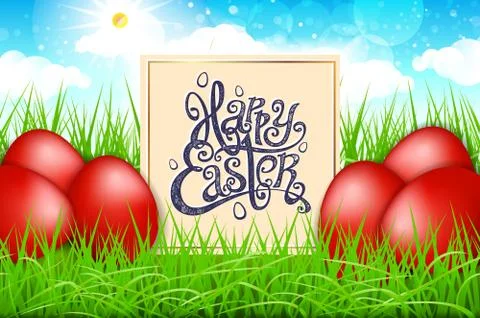 Red eggs in a field of grass with blue sky. happy easter lettering modern cal Stock Illustration
