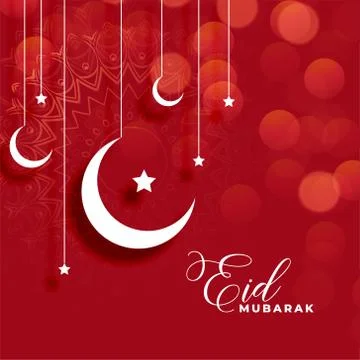 Red eid mubarak background with moon and star decoration Stock Illustration