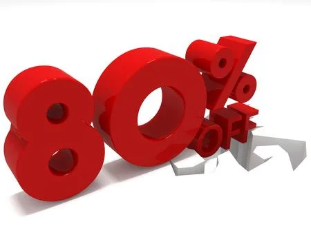 Red eighty percent off. Discount 80%.with impact effect on the ground. 3D Stock Illustration