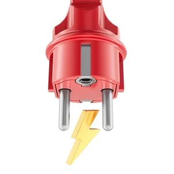 Red electric plug with golden lightning bolt, power supply and electric vol.. Stock Illustration