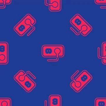 Red Electrical outlet icon isolated seamless pattern on blue background. Power 스톡 일러스트