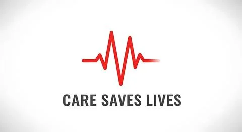 Red electrocardiogram line symbolizing life and health with text care saves.. Illustrazione stock