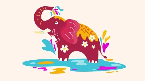 Red Elephant With Floral Pattern Spraying Water From Trunk At Stock Footage 327553076
