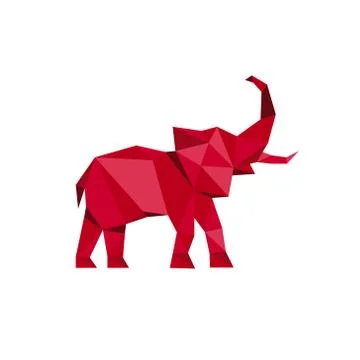 Red Elephant standing with trunk up Polygon style Animal Design Vector Stock Illustration