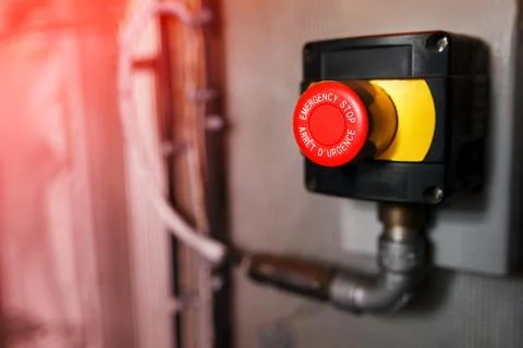 The red emergency button or stop button for Hand press. STOP Button for indus Stock Photos