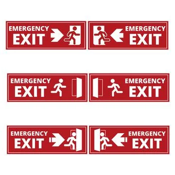 Red emergency  exit signs on a white background with copy space Illustrazione stock