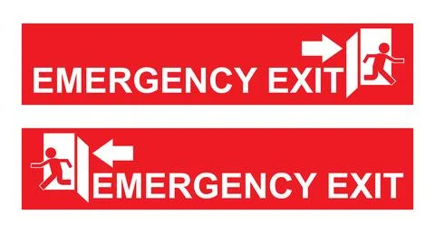 Red emergency exit sticker with a white directional arrow and running figur.. Stock Illustration