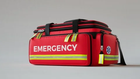 The red emergency first aid bag in studio light. Close up on a paramedic kit4KHD Stock Footage 112598407