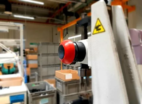 Red-emergency-stop-button-factory-photo-02 Stock Photos