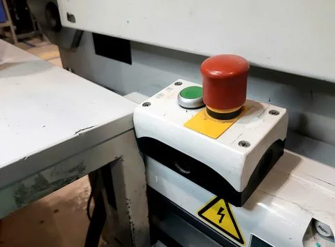 Red-emergency-stop-button-factory-photo-07 Stock Photos