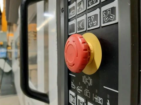 Red-emergency-stop-button-factory-photo-06 Stock Photos