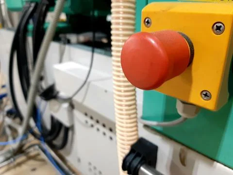 Red-emergency-stop-button-factory-photo-010 Stock Photos