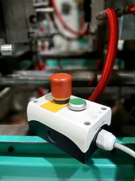 Red-emergency-stop-button-factory-photo-015 Stock Photos