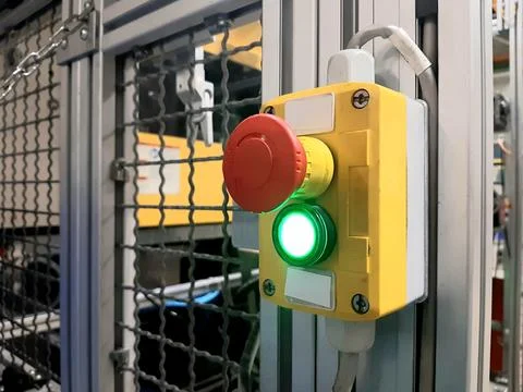 Red-emergency-stop-button-factory-photo-013 Stock Photos