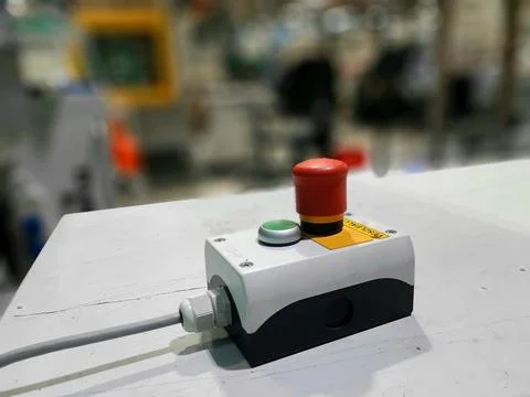 Red-emergency-stop-button-factory-photo-017 Stock Photos