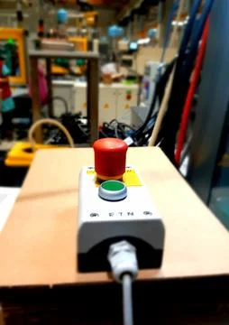 Red-emergency-stop-button-factory-photo-022 Stock Photos