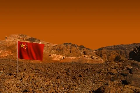 Red empty landscape on planet Mars, scenic desert scene on the red planet w.. Stock Photos