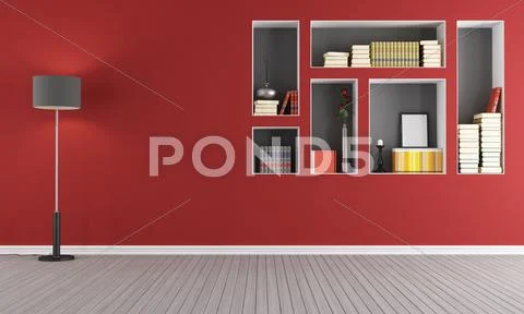 Red empty living room with bookcase Stock Illustration