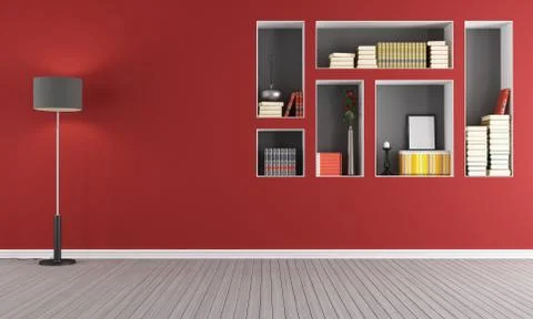 Red empty  living room with  bookcase Stock Illustration