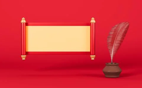 Red empty opening scroll on the red background, Spring Festival theme, 3d r.. Stock Illustration