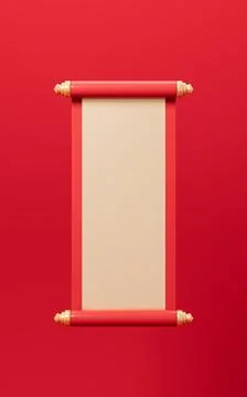 Red empty opening scroll on the red background, Spring Festival theme, 3d r.. Stock Illustration