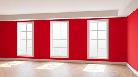 Red Empty Room with Three Large Windows, Light Glossy Herringbone Parquet Stock Illustration