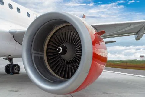 Red Engine of a Commercial Plane Stock Photos