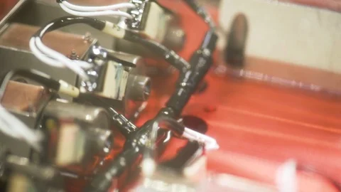 Red engine oil inside machine. Oil drops spills. Video stock 111773718