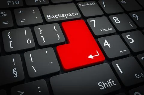 Red enter button on black keyboard. 3D rendered illustration. Stock Illustration