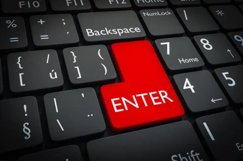 Red enter button on black keyboard. 3D rendered illustration. Stock Illustration