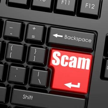 Red enter button on computer keyboard, Scam word Illustrazione stock