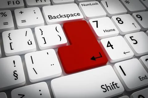 Red enter button on white keyboard. 3D rendered illustration. Stock Illustration
