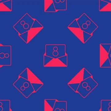 Red Envelope with 8 March icon isolated seamless pattern on blue background.. 스톡 일러스트