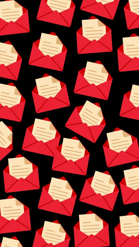 Red Envelope and Letter Pattern Motion Background on Black Stockbeeldmateriaal 347485451