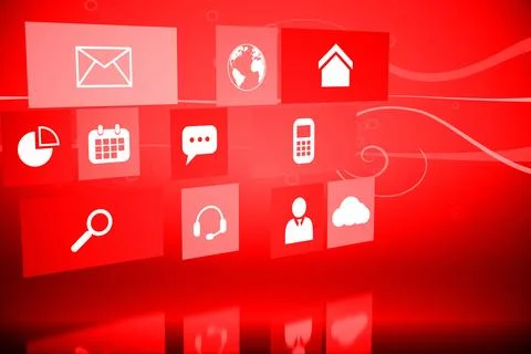 Red envelope cloud service icon tiles are gliding over glossy red interface with Stock Photos