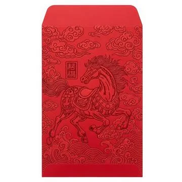 Red envelope featuring a horse design and chinese character for luck Illustrazione stock